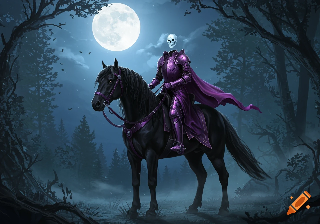 A purple-armored headless knight rides a black horse through a dark, misty forest under a full moon, with a skull floating above their neck.
