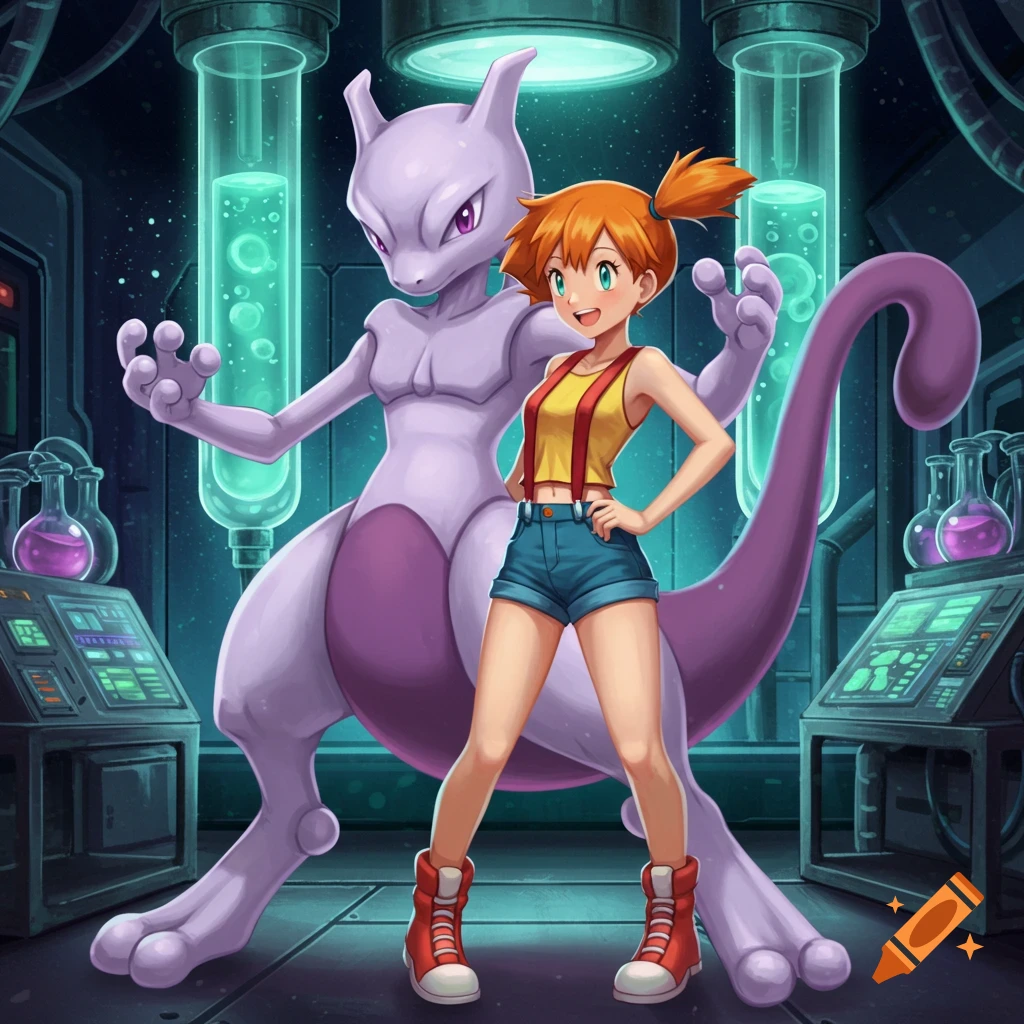 Pokemon's Misty and Mewtwo stand in a glowing science lab, stylized ...