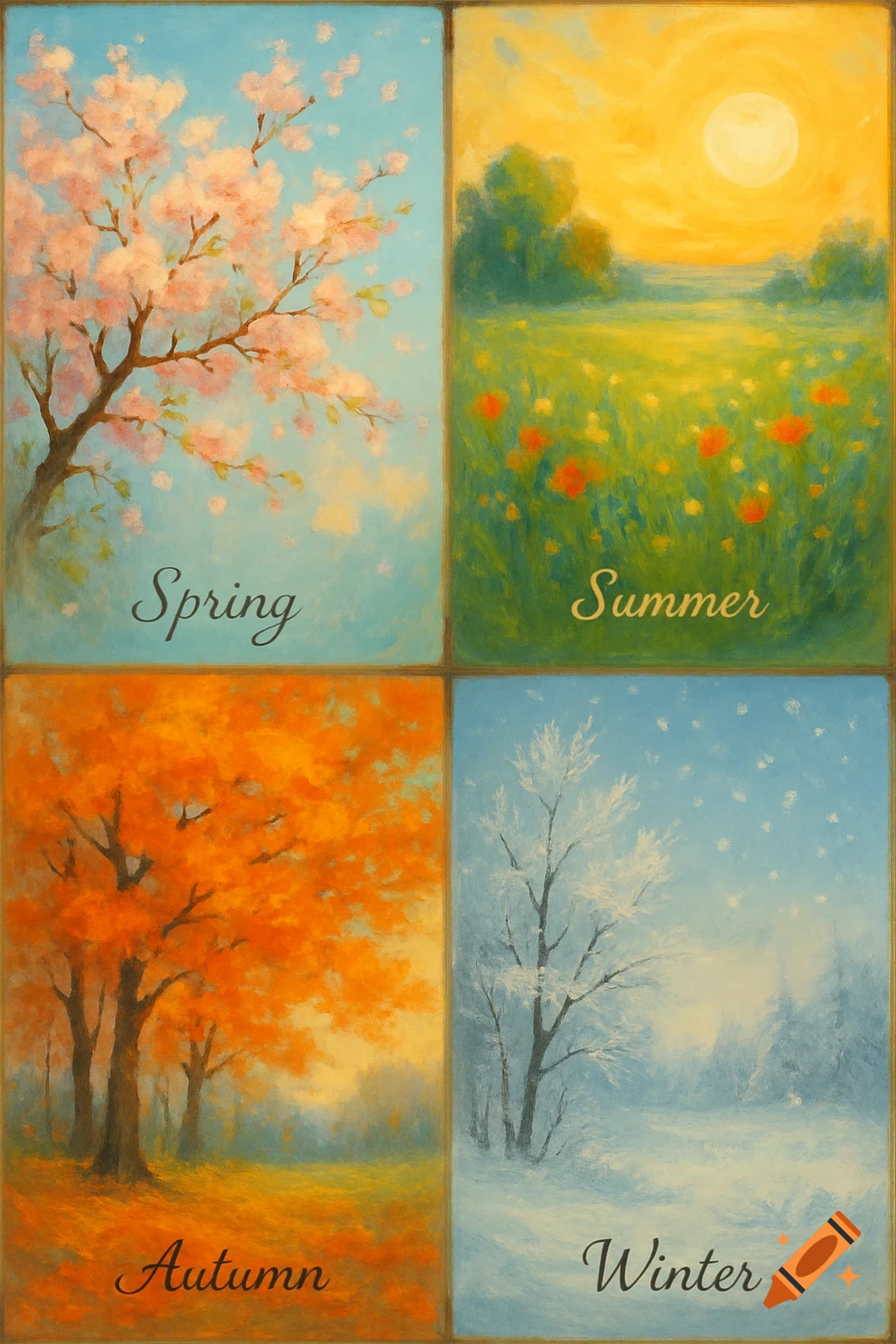 A four-panel painting illustrating the seasons: spring blossoms, summer field, autumn trees, and winter snow.