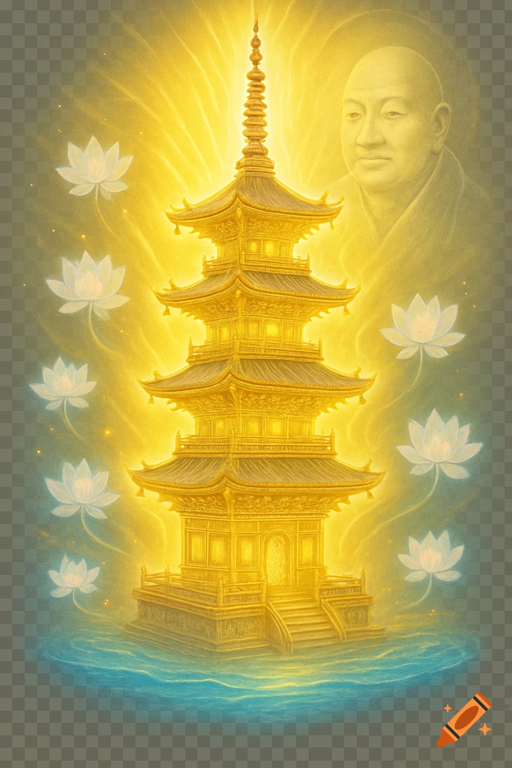 A glowing golden pagoda stands on water, surrounded by white lotus flowers, with a serene Buddhist monk's face faintly visible in the upper right. Ethereal, spiritual art.