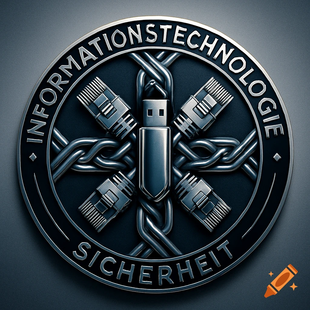 Metallic circular emblem with a USB stick and interwoven RJ45 cables. 'INFORMATIONSTECHNOLOGIE SICHERHEIT' on the border.