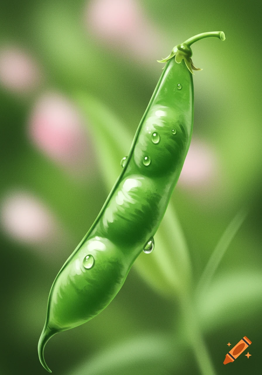 Close-up of a vibrant green pea pod with water droplets on a soft green background.