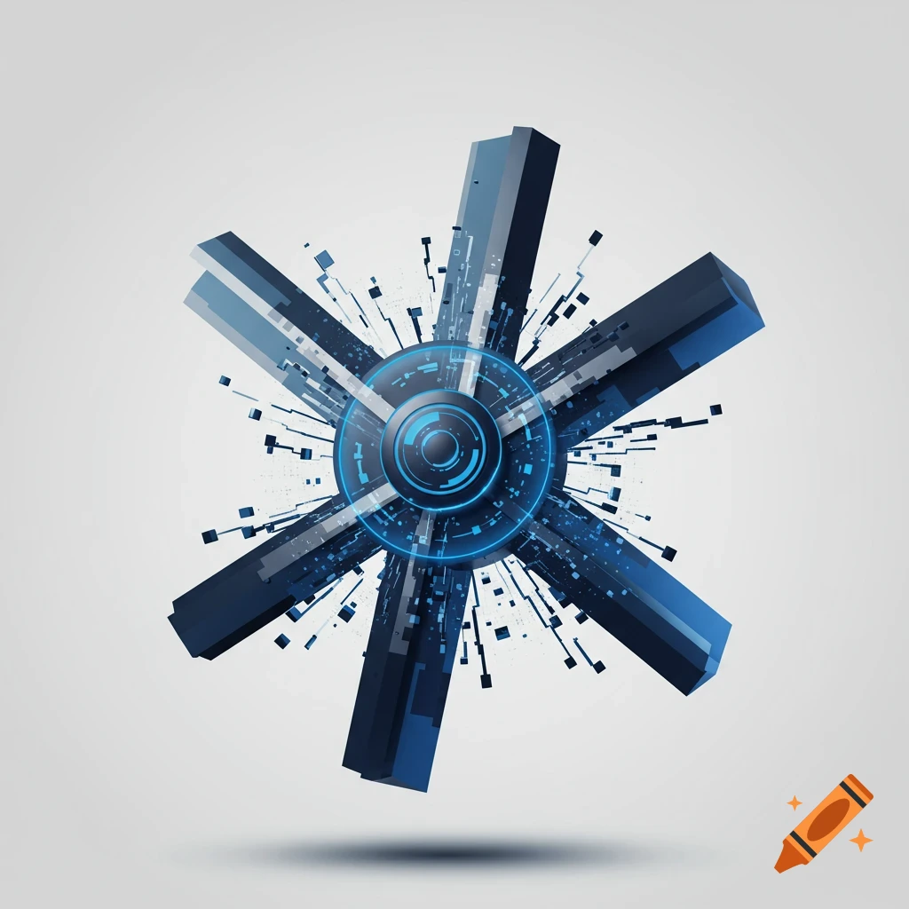 A futuristic blue and dark gray abstract icon with a central glowing ...