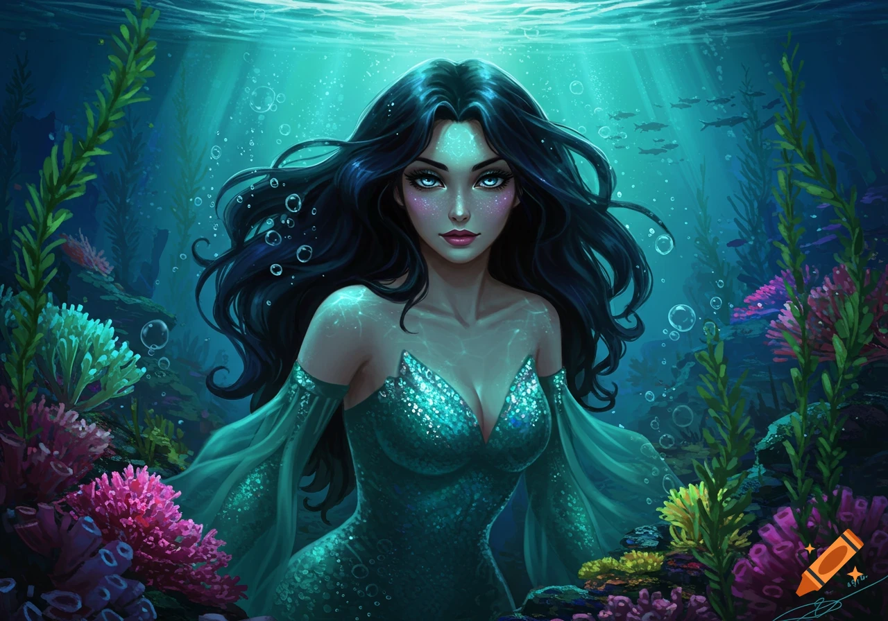 A beautiful mermaid with long dark hair and a sparkling teal outfit poses underwater among colorful coral.