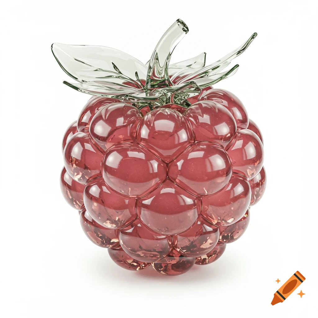 A clear red glass raspberry with green glass leaves and stem on a white background.