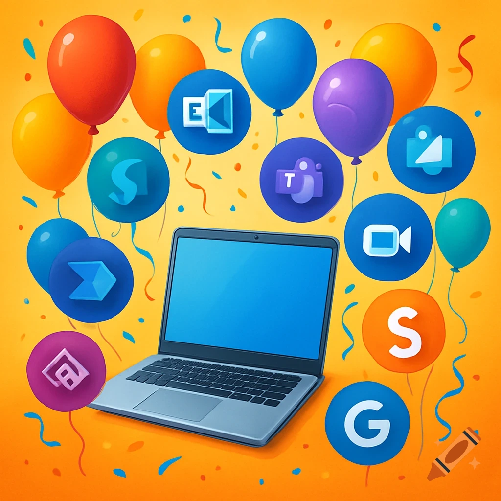 Colorful balloons and confetti surround a laptop, with various software service icons like 'E', 'T', 'S', and 'G' floating among them.
