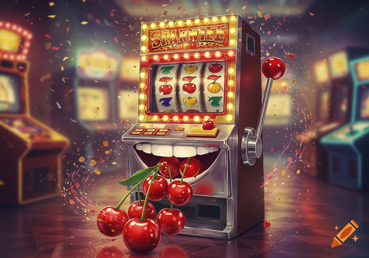 A whimsical slot machine with a grinning mouth holding cherries, surrounded by falling confetti in a blurred casino background.