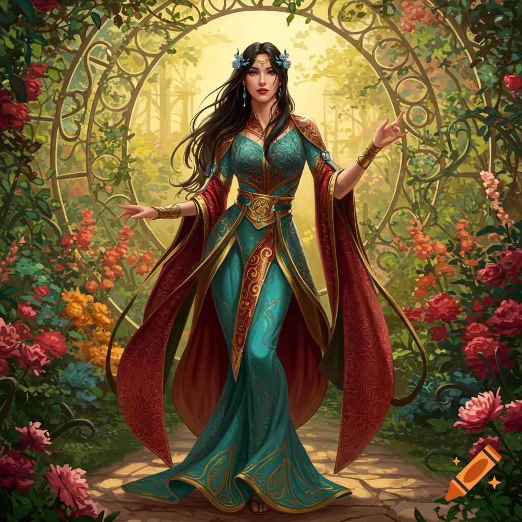 A woman in a teal and red ornate gown stands in a lush garden with a decorative archway, in Art Nouveau style.