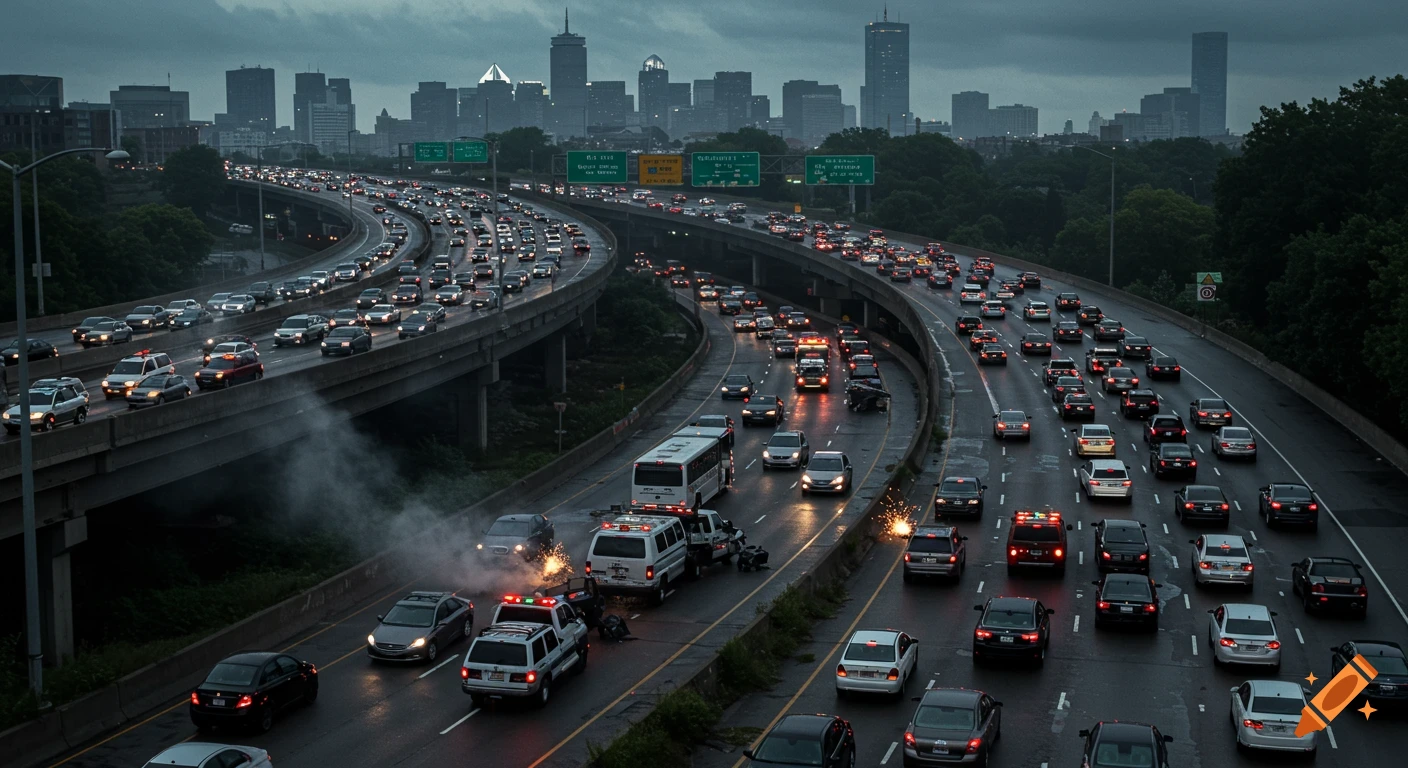 A chaotic, ultra-realistic view of a multi-level Boston highway interchange during a traffic jam, featuring a minor collision with smoke and sparks, numerous cars, buses, and trucks under an overcast sky, with the Boston skyline in the distance.