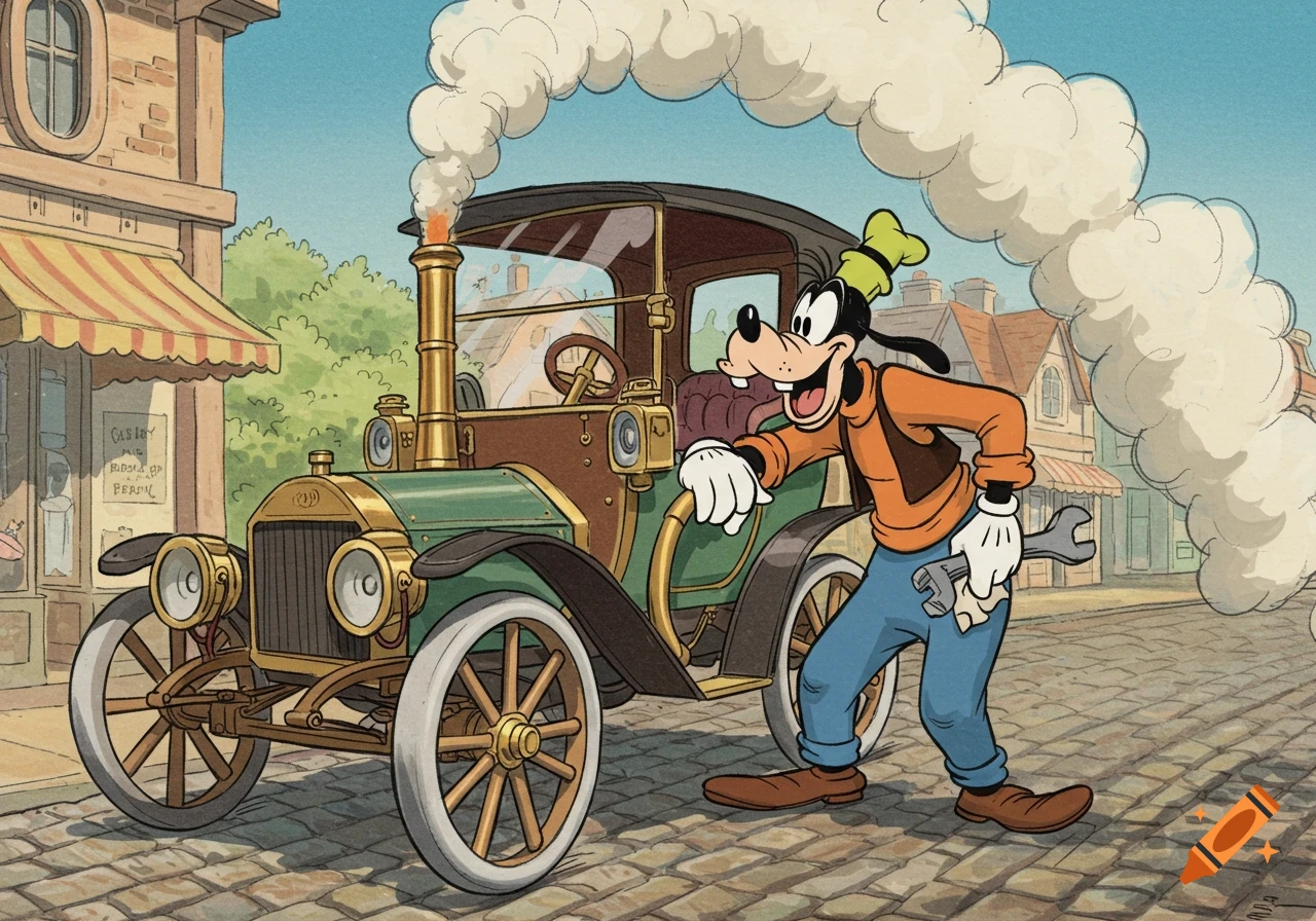 Goofy tries to fix a smoking vintage steam car on a cobblestone street in a rubber-hose cartoon style.