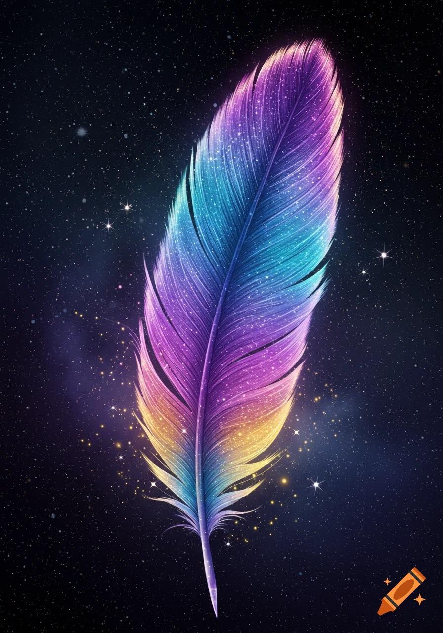 A vibrant, gradient feather with glitter against a dark, starry galaxy background.