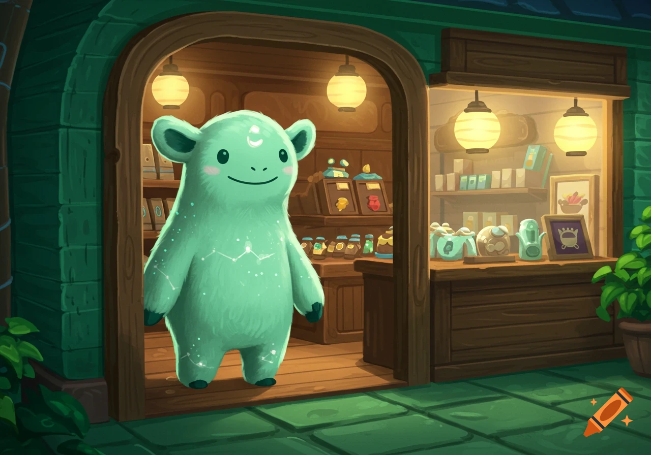 A cute, mint-colored fuzzy creature with constellation markings stands in the doorway of a warmly lit fantasy shop.