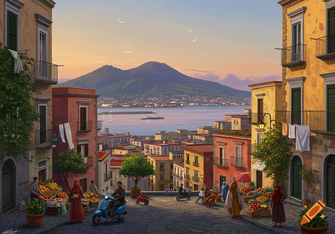 A vibrant illustration of a bustling street in Naples, Italy, with Mount Vesuvius overlooking the Bay of Naples at sunset.