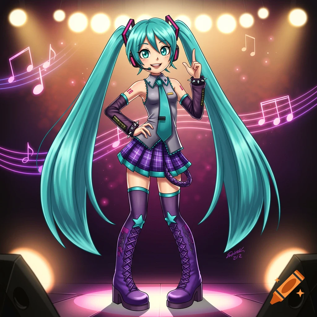 Anime illustration of Hatsune Miku in a purple and teal plaid outfit, standing on a stage with spotlights and musical notes.