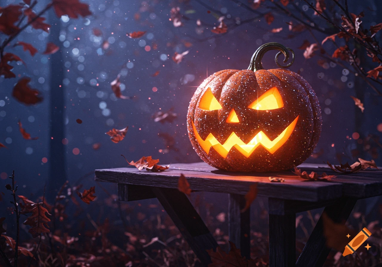 A glittery jack-o'-lantern with glowing eyes and mouth sits on a wooden table among falling autumn leaves at night.