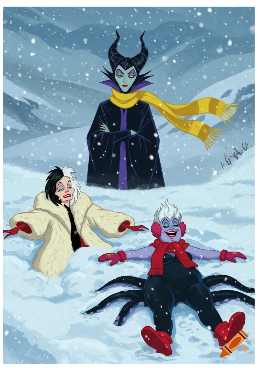 Cartoon illustration of Maleficent watching Cruella de Vil and Ursula making snow angels in a snowy landscape.