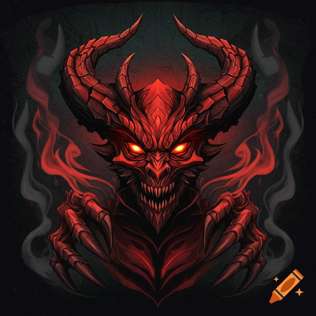 Close-up of a fearsome red demon with glowing eyes, large horns, sharp teeth, and clawed hands, emanating smoke on a dark background.