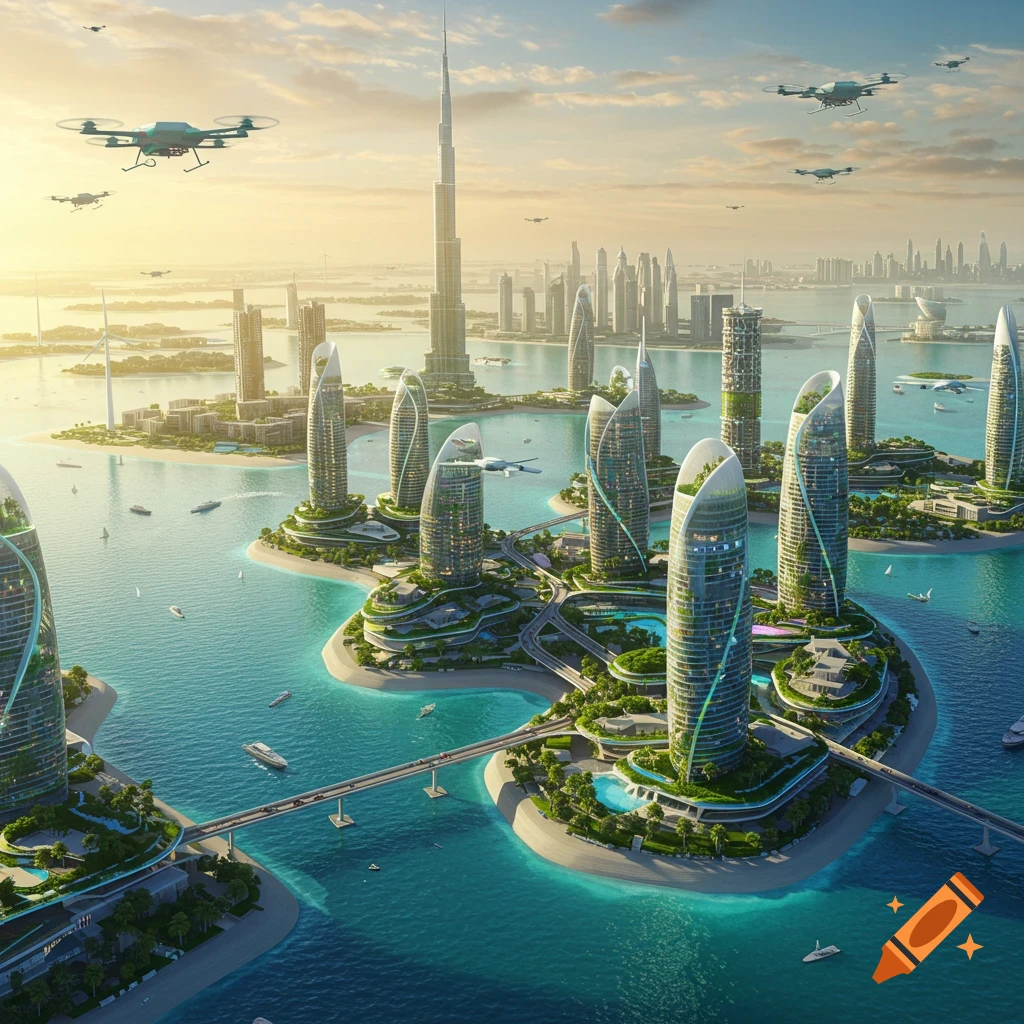 Photorealistic futuristic Dubai cityscape with tall, green-clad buildings on islands connected by bridges, drones flying in a sunset sky.