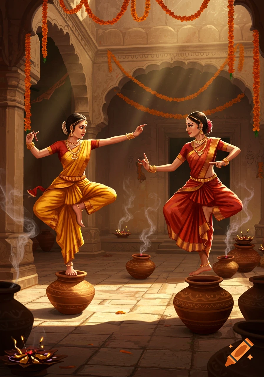 Two Indian women in traditional attire performing a graceful dance on clay pots in a sunlit, decorated courtyard with garlands.
