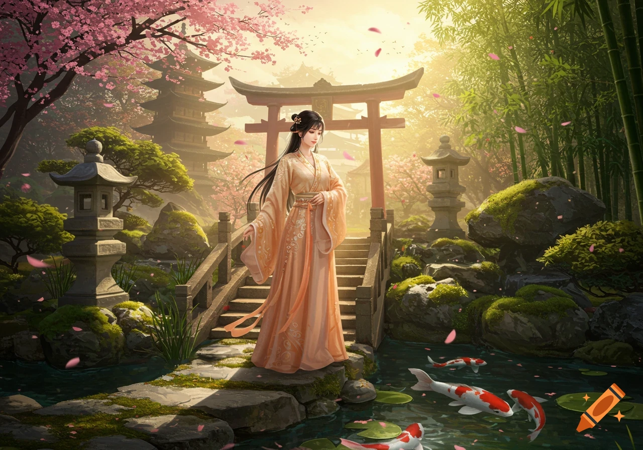Woman in peach kimono on a bridge in a serene Japanese garden with cherry blossoms, pagodas, a torii gate, and koi fish.