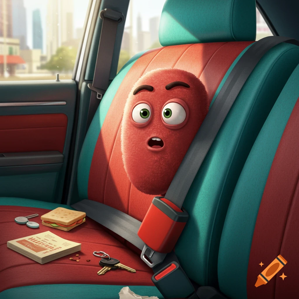 A surprised red cartoon blob character is strapped into a car seat next to a sandwich and keys, with a city visible outside.