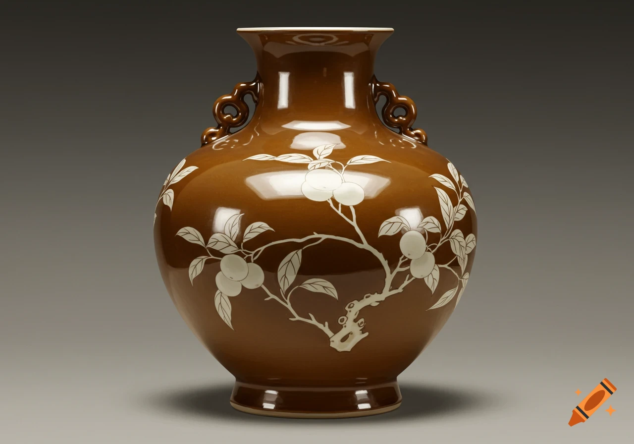 A toffee-colored Chinese porcelain vase with white fruiting tree branches and S-shaped handles.