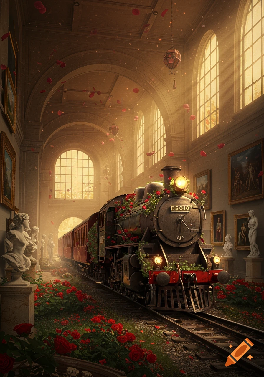 A vintage train covered in red roses and greenery sits on tracks inside a grand museum hall with vaulted ceilings and large arched windows, bathed in golden light.
