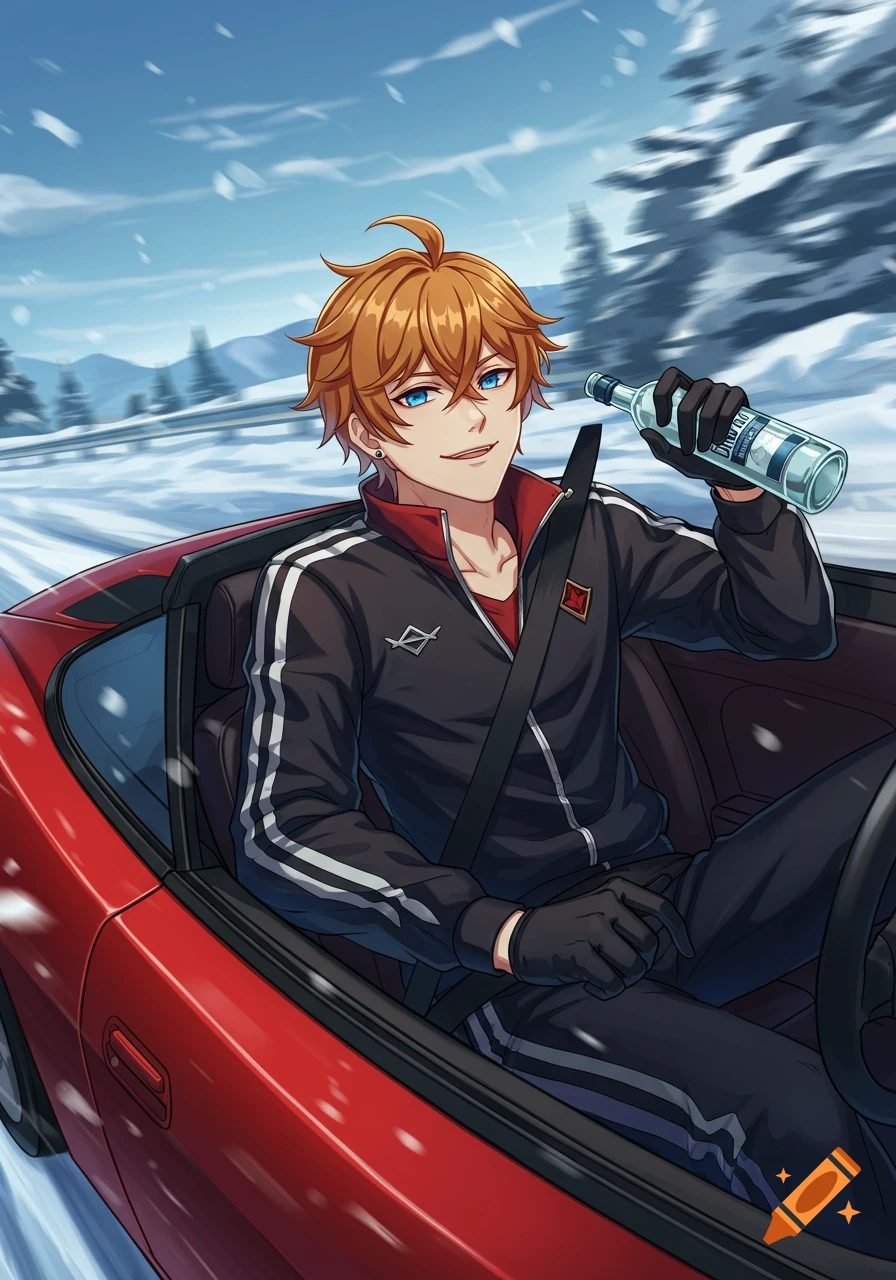 Anime illustration of Tartaglia from Genshin Impact driving a red car in a snowy winter landscape, holding a bottle.