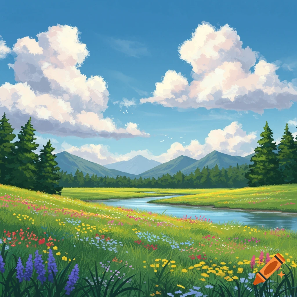 A vibrant anime-style landscape with a winding river, colorful wildflowers, lush green trees, and mountains under a blue sky with fluffy clouds.