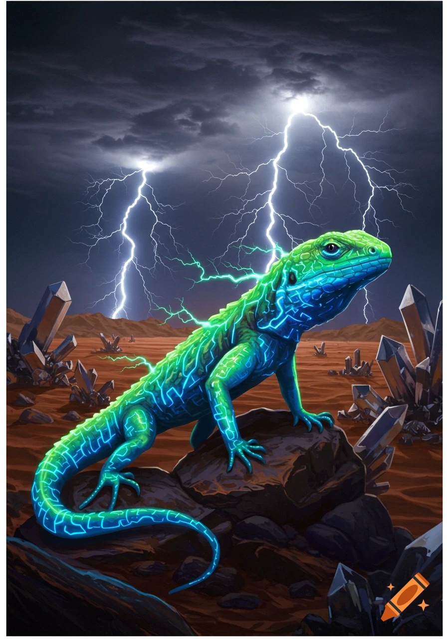 A vibrant green and blue glowing lizard stands on a rock amidst dark crystals in a stormy, lightning-filled desert landscape, fantasy art.
