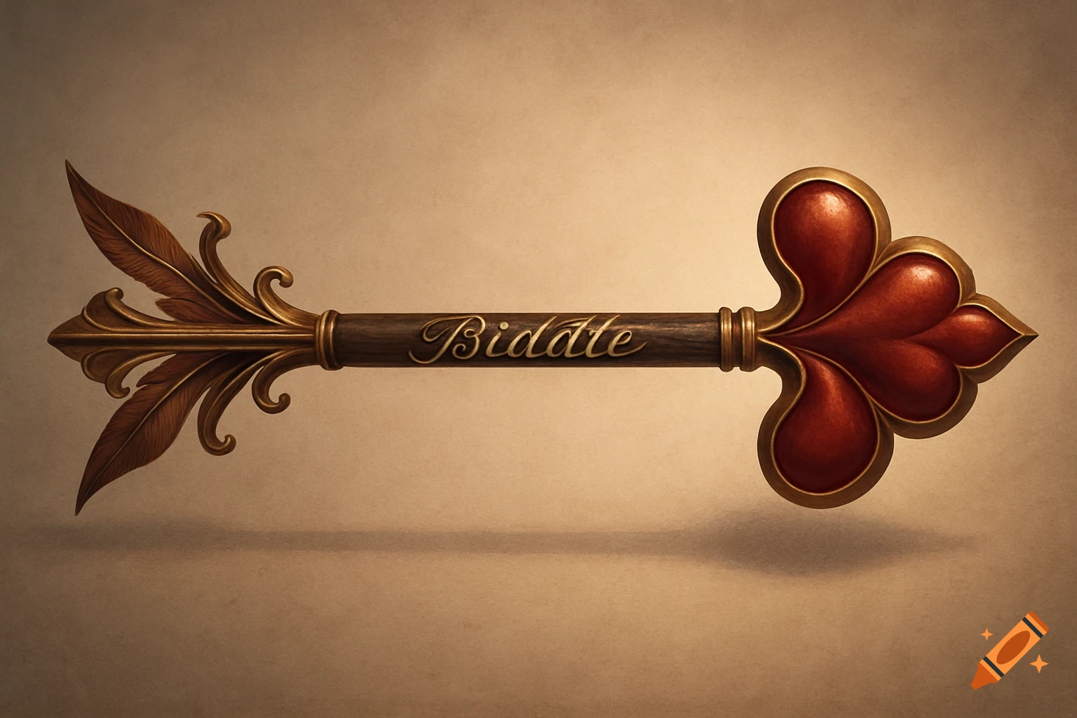 An ornate golden and red arrow with a wooden stem, featuring the word 'Biddle' engraved, against a textured beige background.