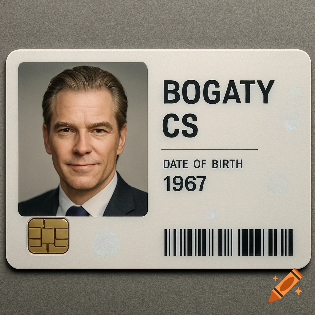 A photorealistic ID card showing a man's portrait, name 'BOGATY CS', and 'DATE OF BIRTH 1967', with a chip and barcode.
