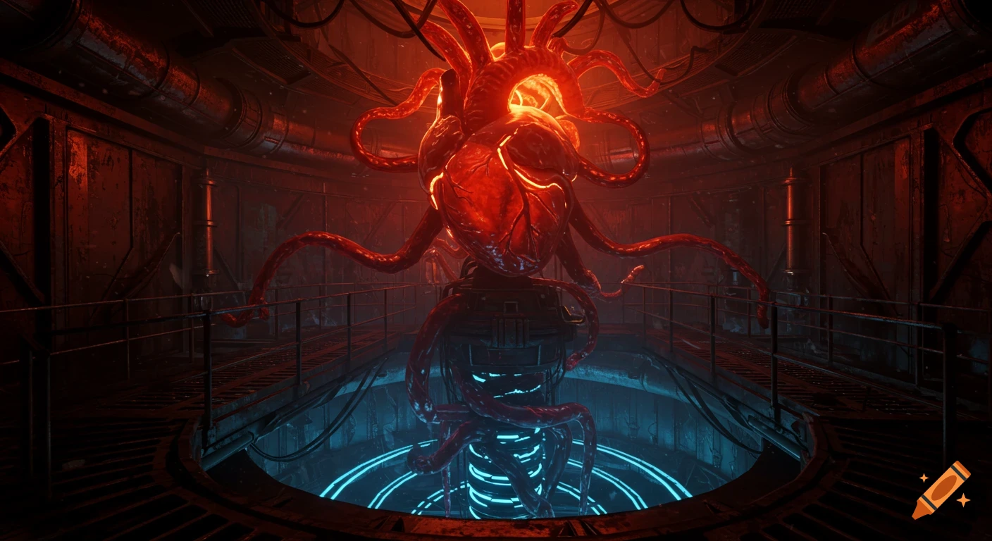 A glowing, tentacled biomechanical heart in a dark, rusty sci-fi industrial chamber with red and blue light.