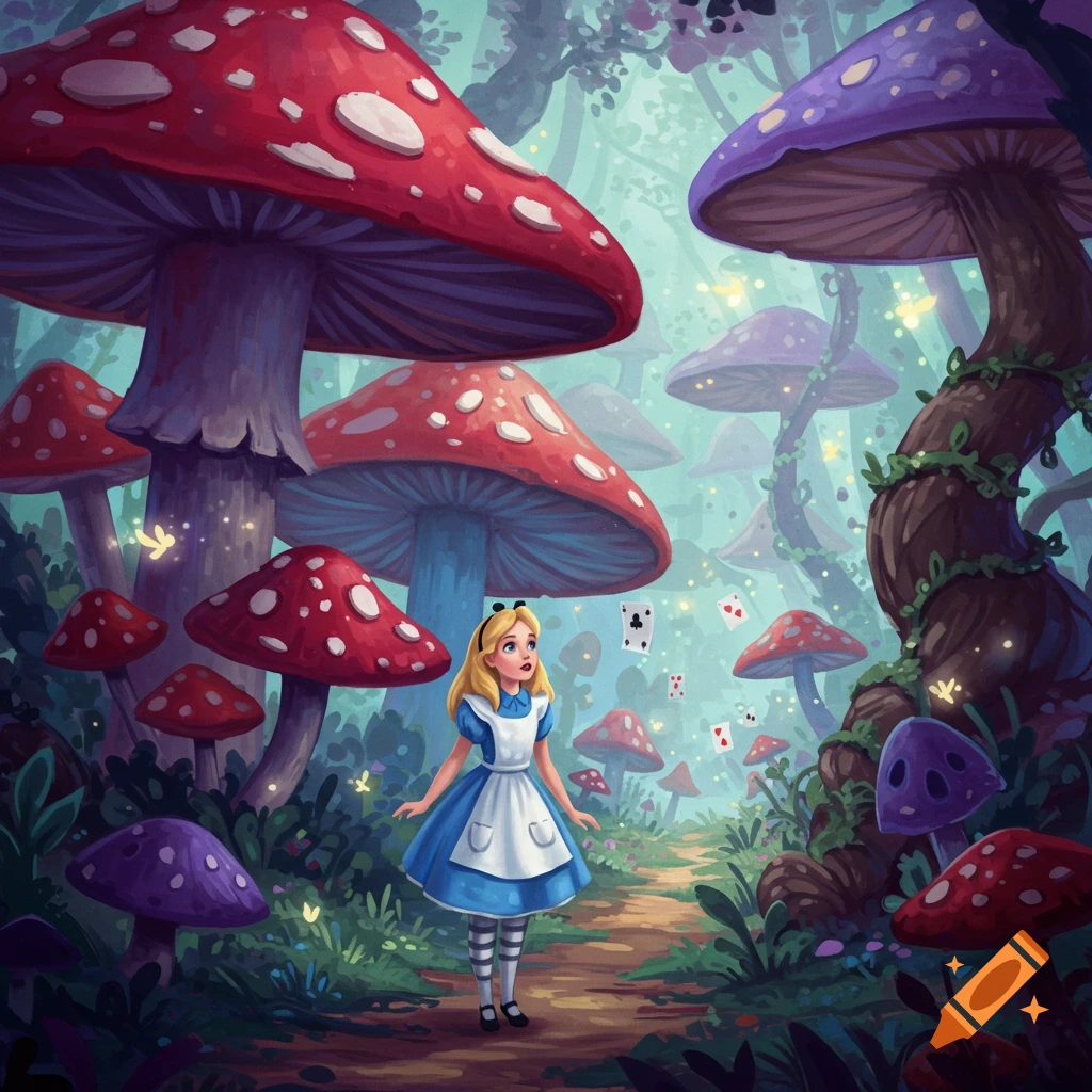 Alice in Wonderland stands amidst giant red and purple mushrooms in an enchanted forest as playing cards float around her.