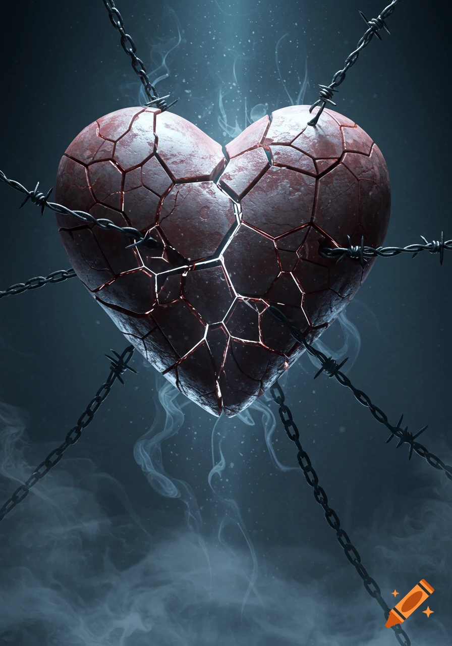 A stylized broken heart with glowing cracks, wrapped in barbed wire and chains amidst dark smoke.