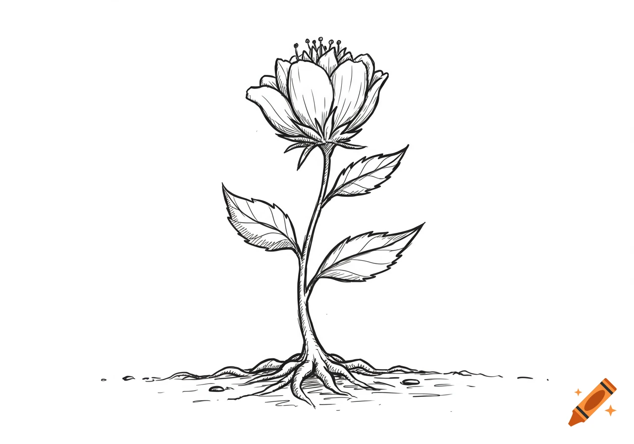 A black and white line art illustration of a flower with a blossom, stem, four leaves, and roots growing into the ground.