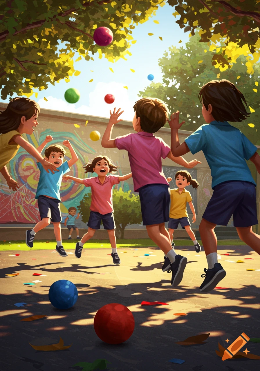 Energetic elementary students play dodgeball on a sunny playground with a colorful mural and falling leaves.