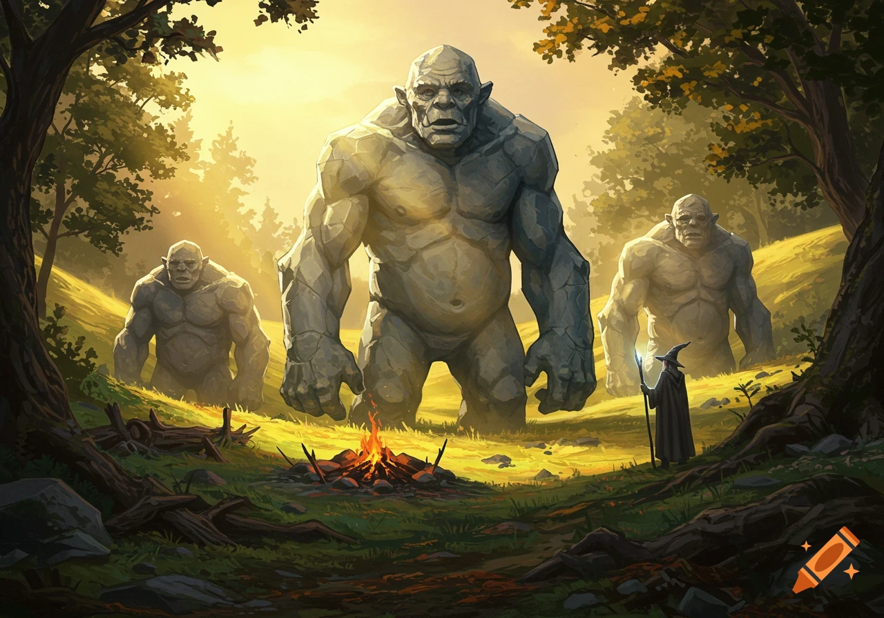 Three large rock trolls stand around a campfire in a golden-lit forest, with a small wizard holding a glowing staff nearby.