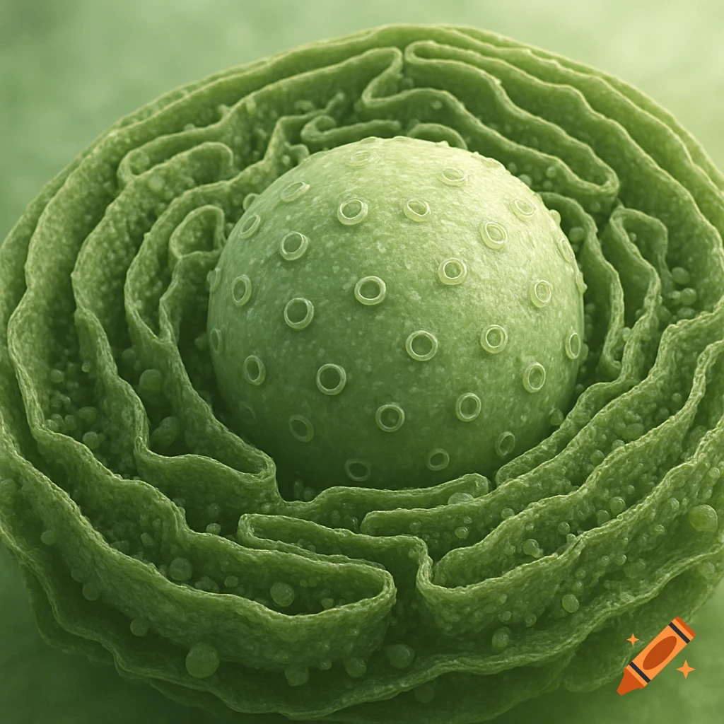 A detailed microscopic view of a green cell-like structure with a central sphere covered in pores, surrounded by wavy, layered tissue.