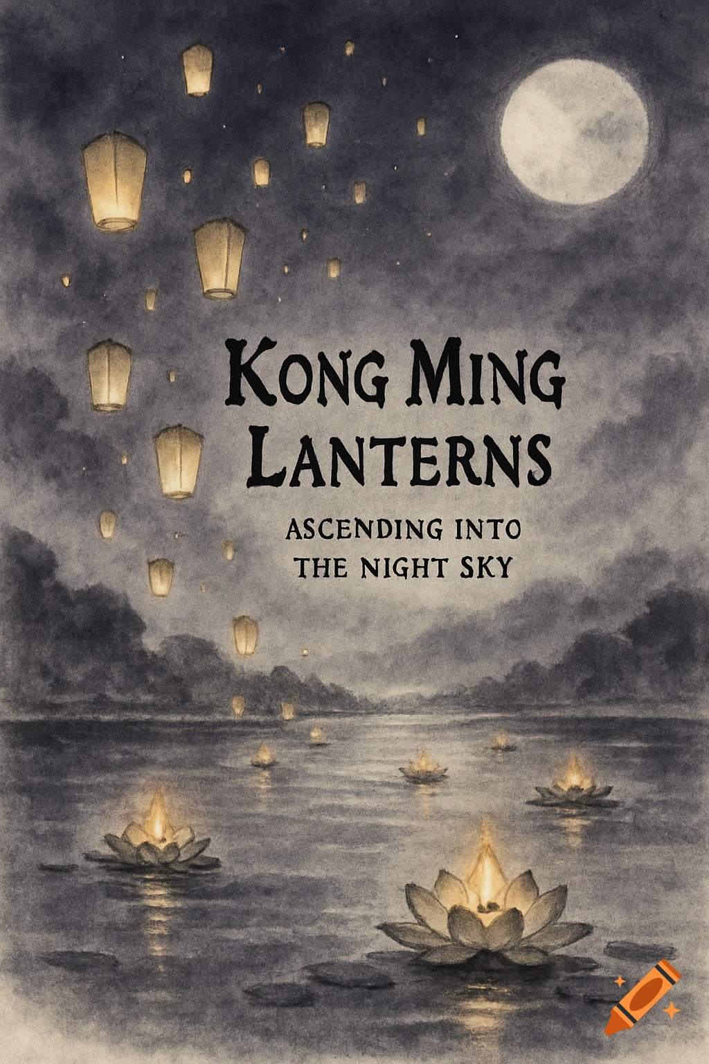 Chinese ink wash painting of Kong Ming lanterns flying in a dark night sky with a full moon, and glowing lotus flowers floating on a river.