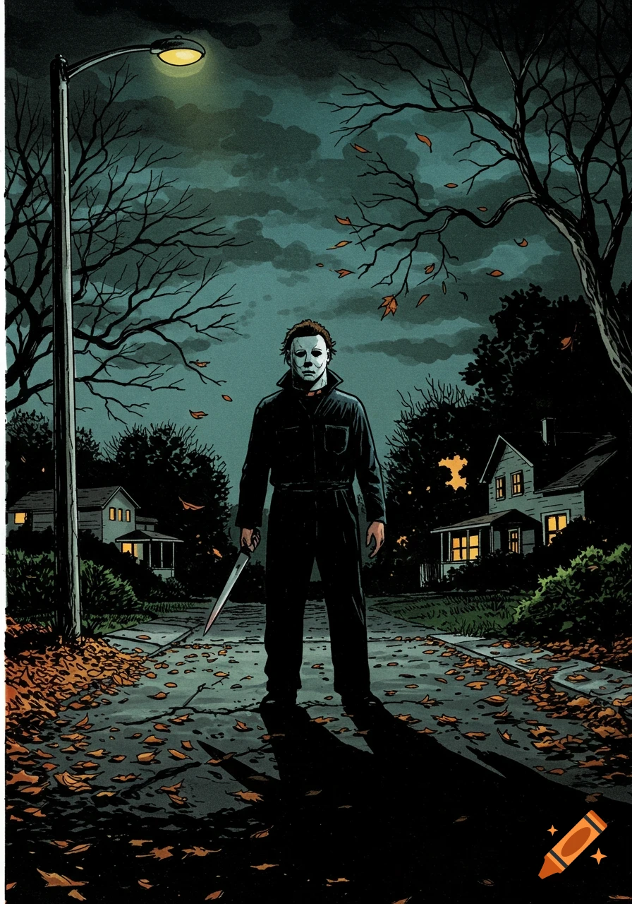 Michael Myers in a black jumpsuit and white mask stands on an autumn street at night, holding a knife, under a streetlamp. Graphic novel style.