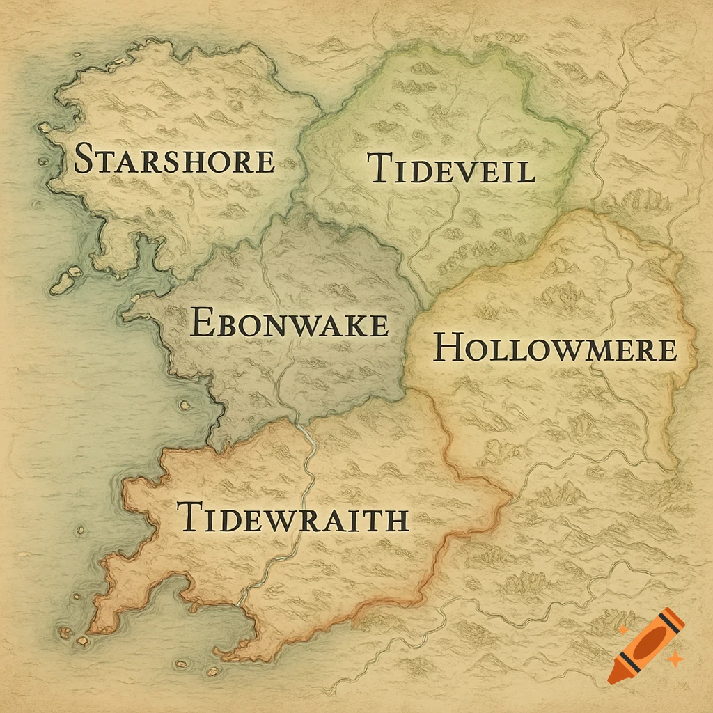 A hand-drawn fantasy map with five regions: Starshore, Tideveil, Ebonwake, Hollowmere, and Tidewraith, in a vintage parchment style.