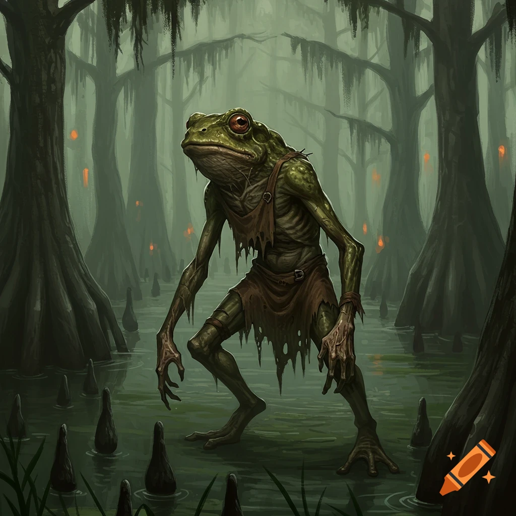 A skinny, gaunt toadman in tattered rags stands in a dark, misty swamp with glowing orange orbs, in a dark fantasy art style.