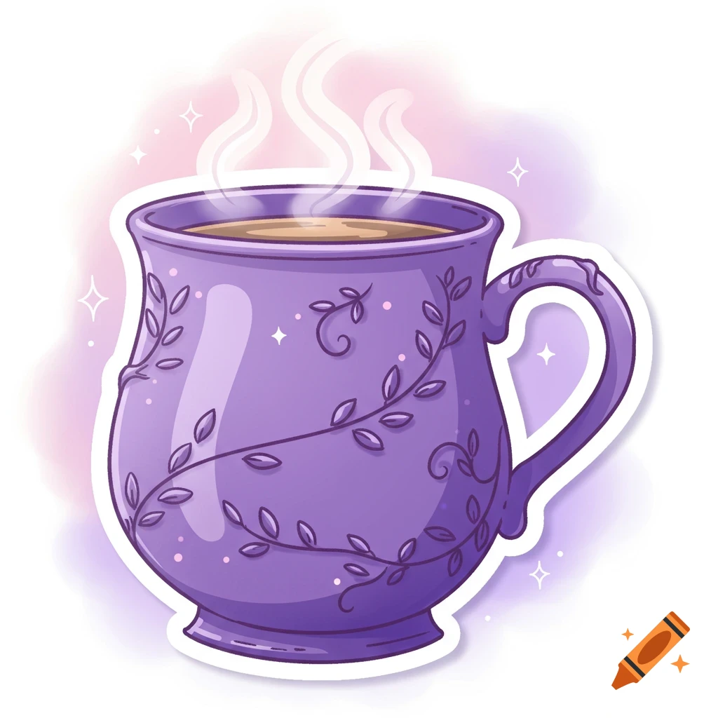 A sticker illustration of a steaming purple coffee mug adorned with leaf designs and sparkles.