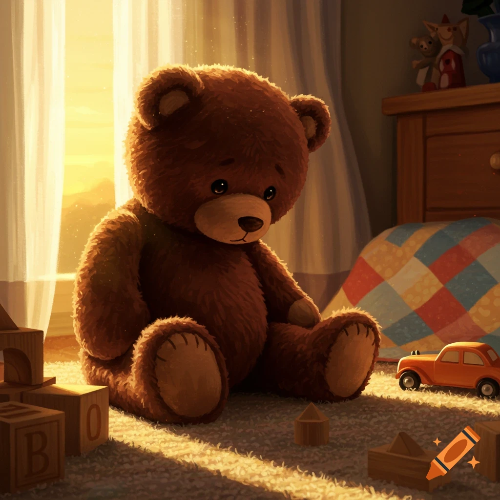 A sad-looking brown teddy bear sits on a carpeted floor surrounded by wooden blocks and a toy car in a sunlit room, illustration.