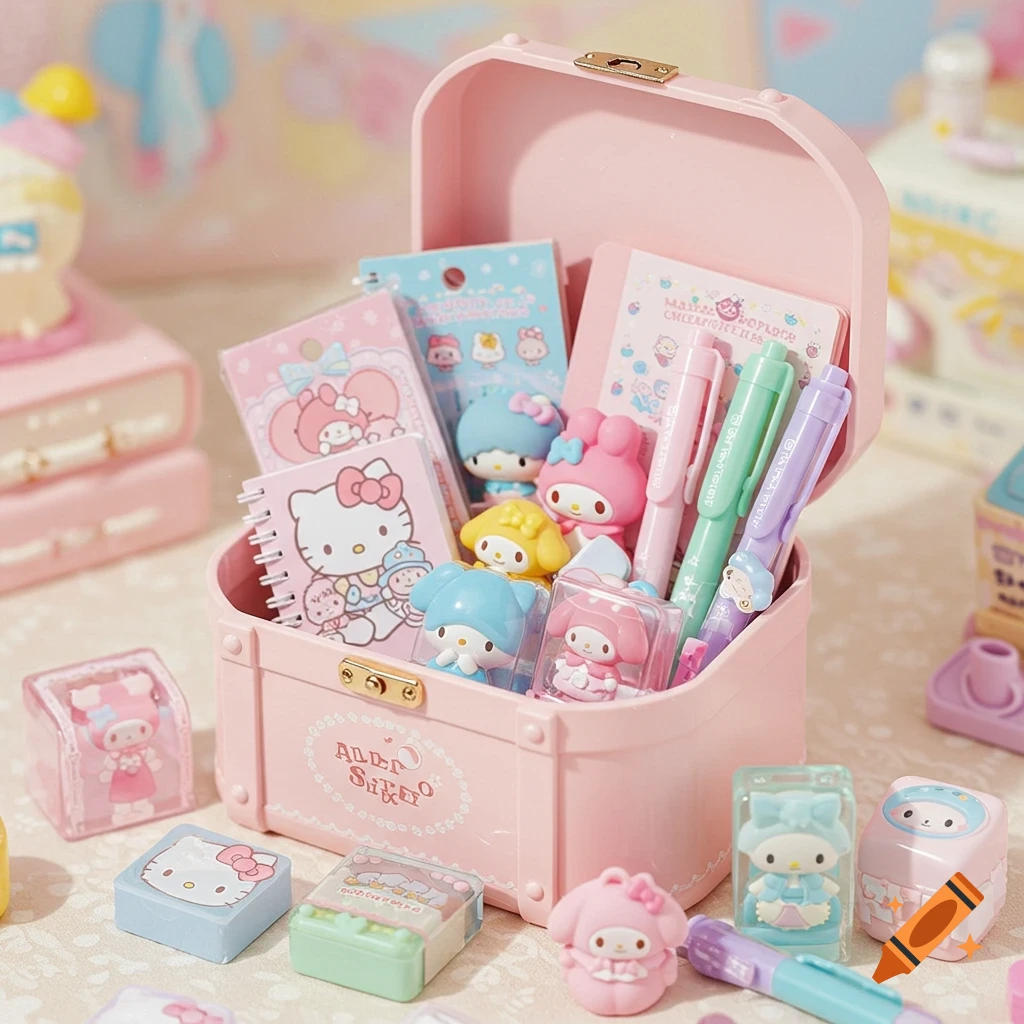 A pastel pink kawaii treasure chest box filled with cute Sanrio stationery accessories like Hello Kitty notebooks, My Melody pens, and small character figurines.