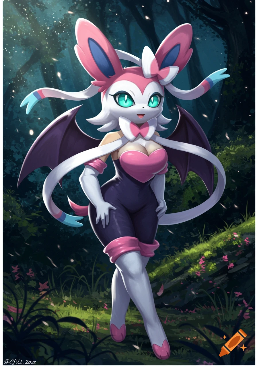 Anthropomorphic Sylveon-Rouge the Bat fusion with bat wings and a heart-shaped top, in a magical forest.