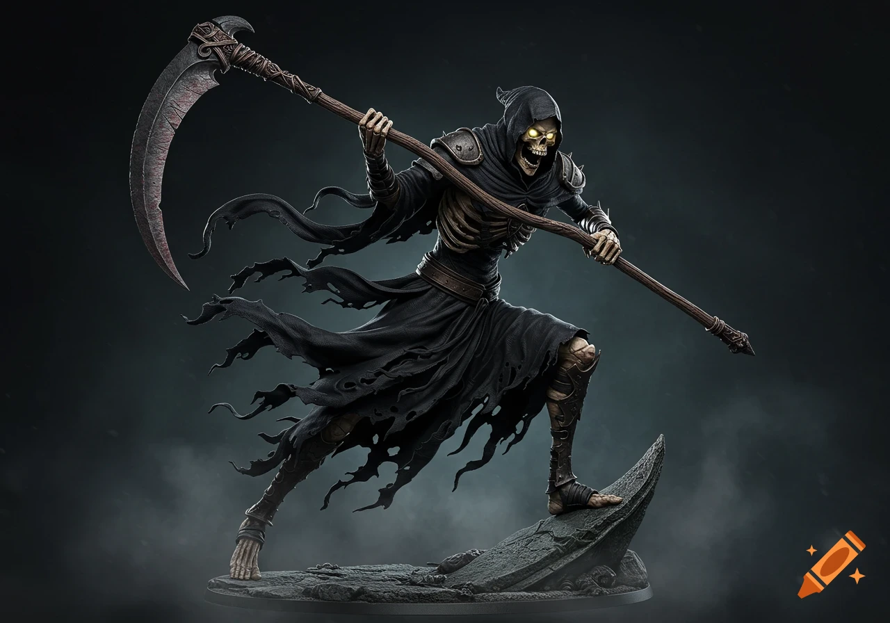 A grim reaper skeleton with glowing eyes in a black hooded cloak wields a large scythe, standing on a rocky base.