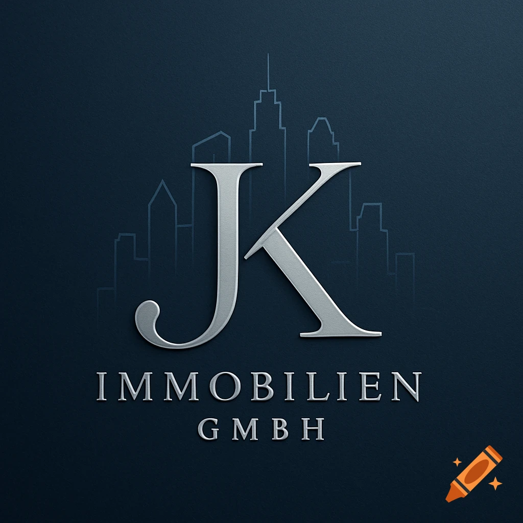 A sophisticated silver 'JK' logo against a dark blue background, with a subtle city skyline outline and 'IMMOBILIEN GMBH' text.