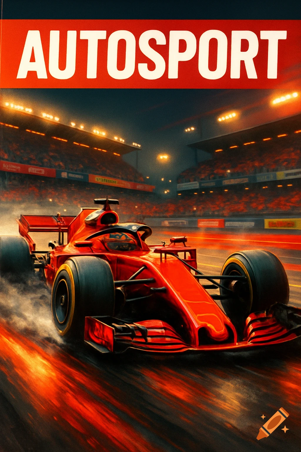 A red Formula 1 race car speeds on a track at night, with 'AUTOSPORT' on top, stadium lights, and spectators.